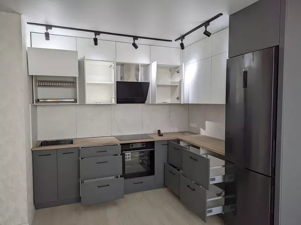 Кухонный гарнитур Угловой, ЛДСП, жемчуг, серый