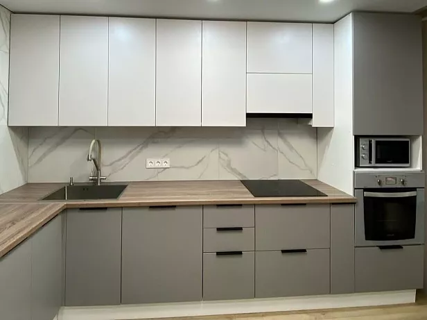 Кухонный гарнитур Угловой, ЛДСП, жемчуг, серый