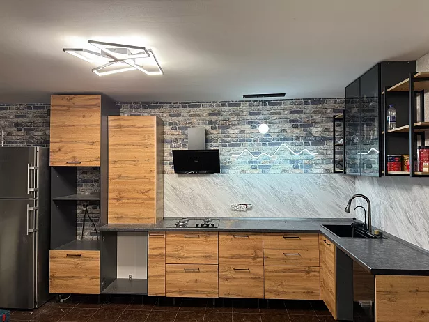 Кухонный гарнитур Угловой, ЛДСП, дуб крафт, детройт