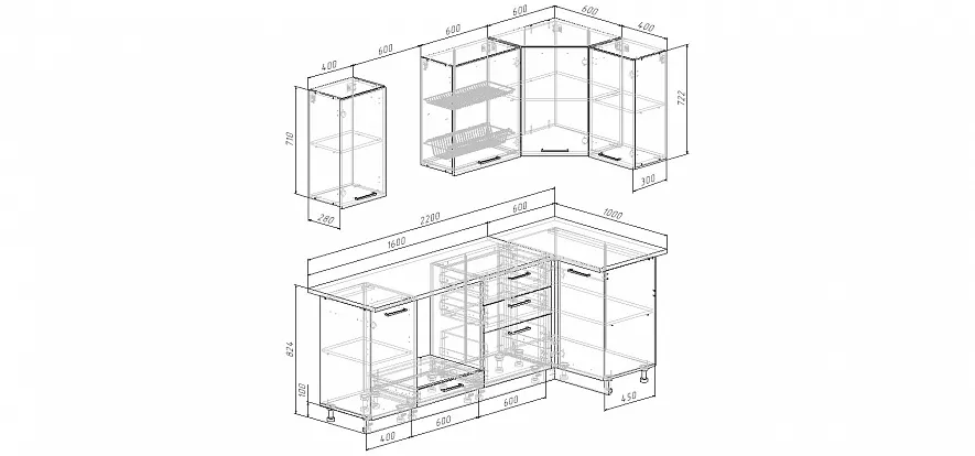 Кухонный гарнитур угловой Виола 2200х1000 мм