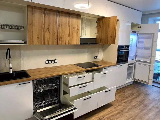 Кухонный гарнитур Прямой двухуровневый, ЛДСП, жемчуг, дуб крафт