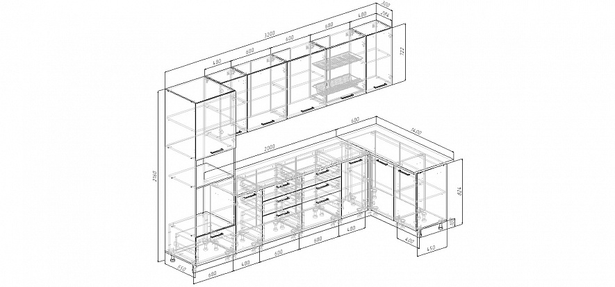 Кухонный гарнитур угловой Бланка 3200x1400 мм