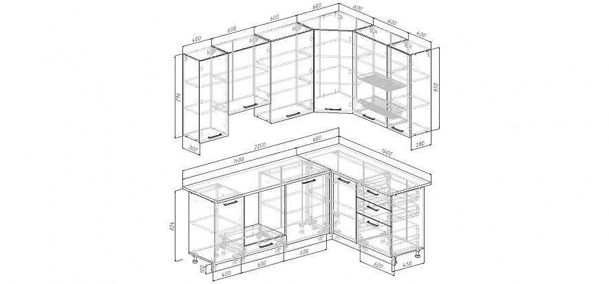Кухонный гарнитур угловой Демо 2200х1600 мм